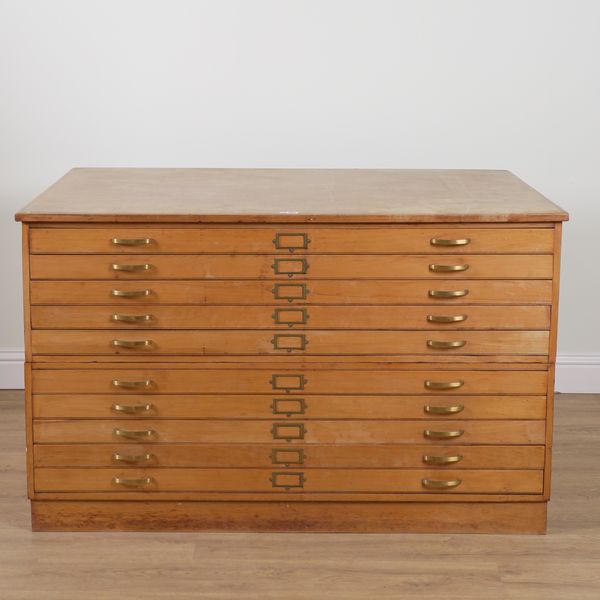 A 20TH CENTURY BEECH TWO PART TEN DRAWER PLAN CHEST