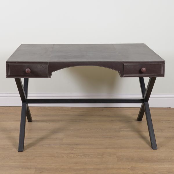 LOUISE BRADLEY; A BROWN LEATHER TWO DRAWER WRITING DESK