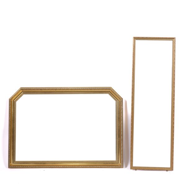 A MODERN GILT FRAMED OVERMANTEL WALL MIRROR (2)