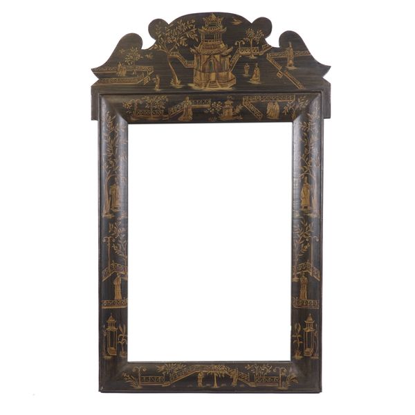 A MODERN BLACK LACQUER CHINOISERIE DECORATED WALL MIRROR