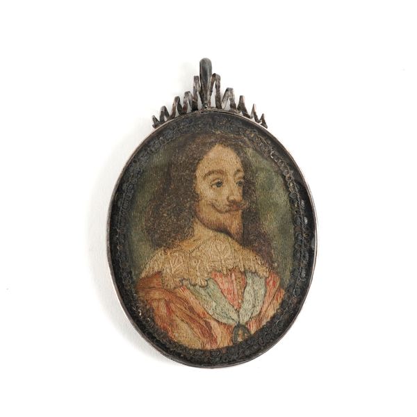 AN ENGLlSH EMBROIDERED SILKWORK PORTRAIT MINIATURE OF CHARLES I AFTER AN ENGRAVING BY WENECLAUS HOLLAR