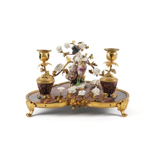 A LOUIS XV STYLE PORCELAIN AND GILT-METAL MOUNTED INKSTAND