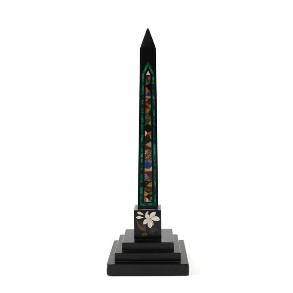 A DERBYSHIRE ASHFORD MARBLE PIETRA DURA OBELISK