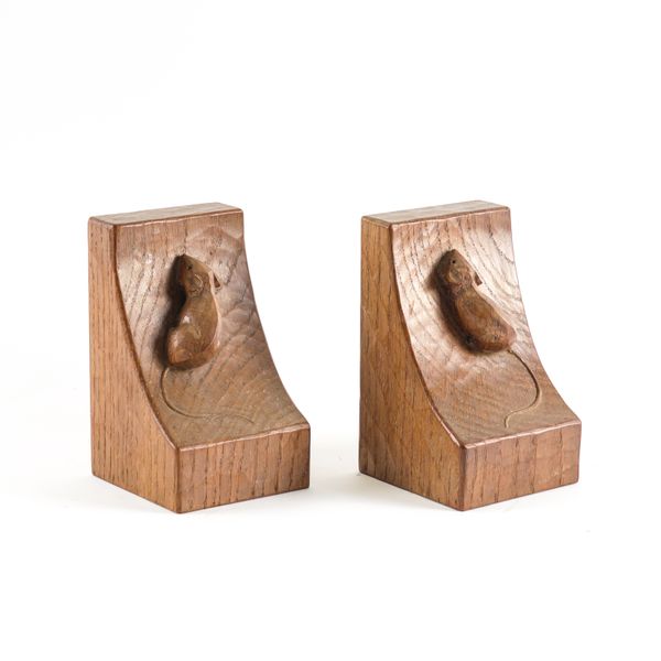 ROBERT MOUSEMAN THOMPSON OF KILBURN; A PAIR OF OAK BOOK ENDS (2)