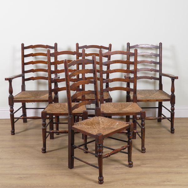 A SET OF SIX EARLY 20TH CENTURY OAK FRAMED LANCASHIRE LADDER BACK KITCHEN CHAIRS (6)