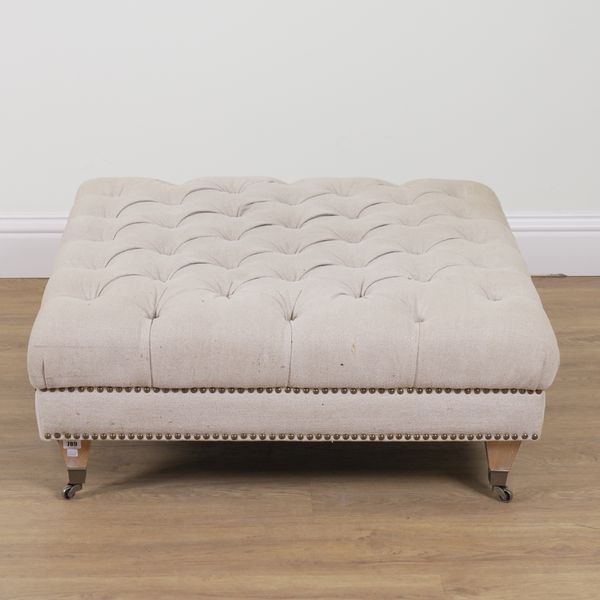 A MODERN BRASS STUDDED BUTTON UPHOLSTERED SQUARE FOOTSTOOL