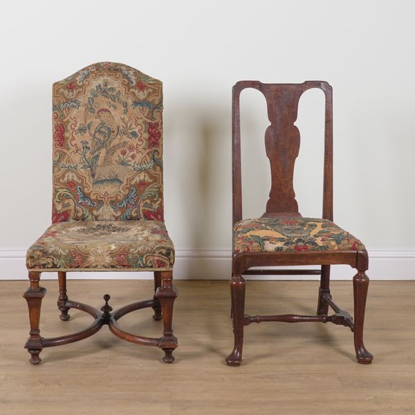 A 19TH CENTURY CONTINENTAL WALNUT FRAMED TAPESTRY UPHOLSTERED ARCH BACK SIDE CHAIR (2)