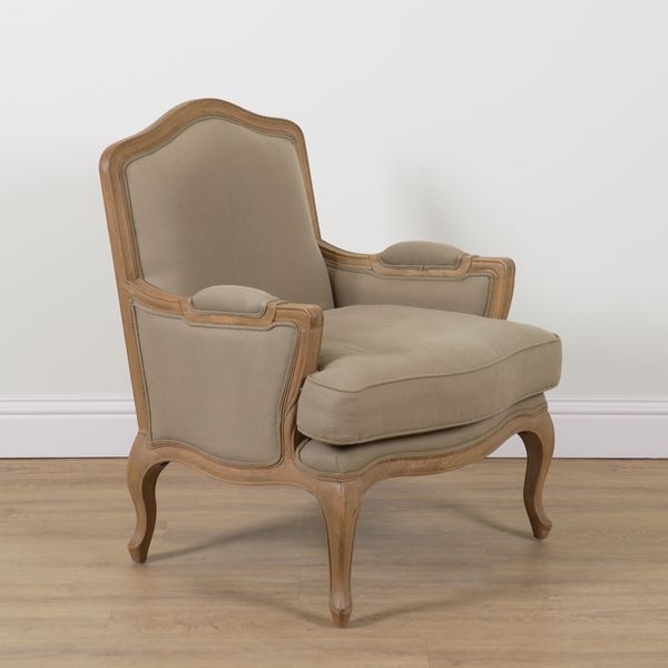 OKA; A STAINED BEECH EASY ARMCHAIR