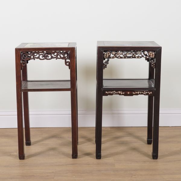 A LATE 19TH CENTURY CHINESE EXPORT MOTHER OF PEARL AND MARBLE INSET HARDWOOD RECTANGULAR TWO TIER TABLE (2)