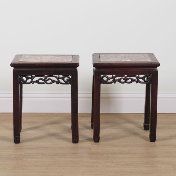 A PAIR OF LATE 19TH CENTURY CHINESE EXPORT MARBLE INSET HARDWOOD OCCASIONAL TABLES (2)