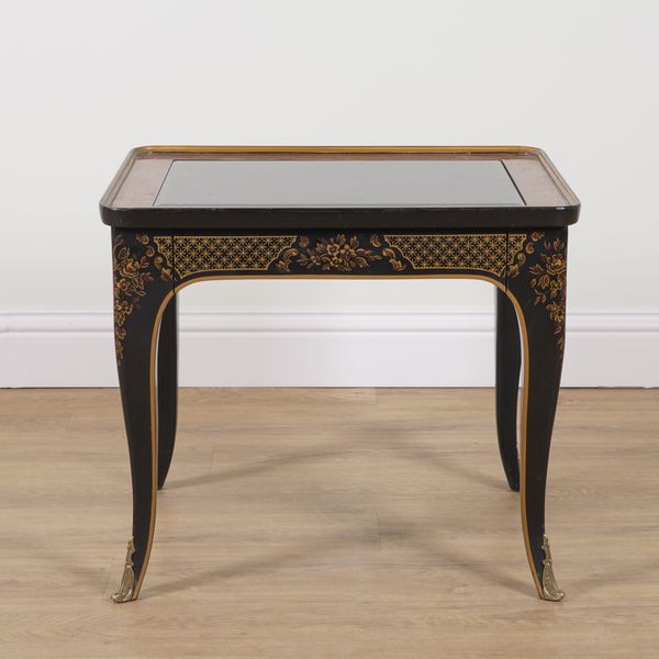 DREXEL; A FIGURED WALNUT AND CHINOISERIE DECORATED RECTANGULAR BIJOUTERIE COFFEE TABLE