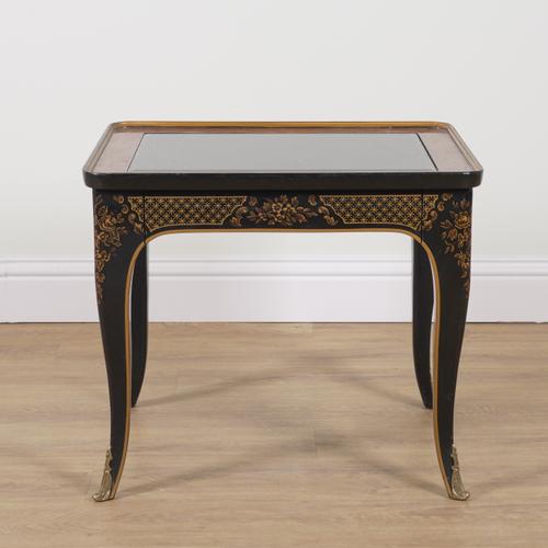 DREXEL; A FIGURED WALNUT AND CHINOISERIE DECORATED RECTANGULAR BIJOUTERIE COFFEE TABLE
