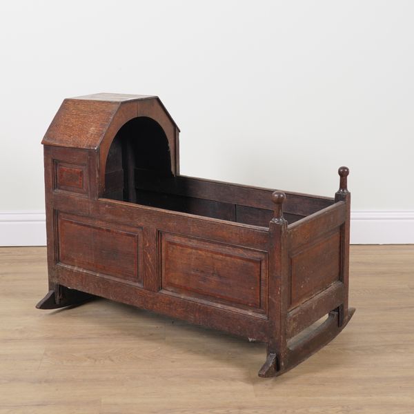 AN 18TH CENTURY PANELLED OAK BONNET TOPPED ROCKING CRADLE (2)