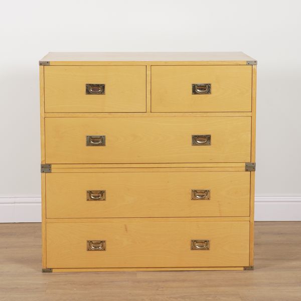 A CAMPAIGN STYLE BRASS BOUND BIRCH TWO SECTION FIVE DRAWER CAMPAIGN CHEST