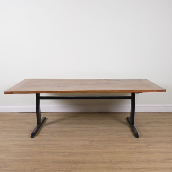 A MODERN WALNUT CLEATED FOUR PLANK TOP KITCHEN TABLE