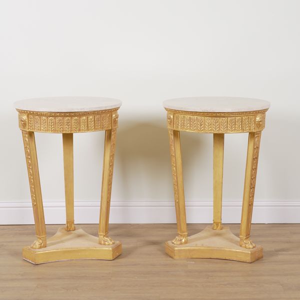 A PAIR OF GEORGE II STYLE CIRCULAR MARBLE TOPPED JARDINIERE STANDS (2)