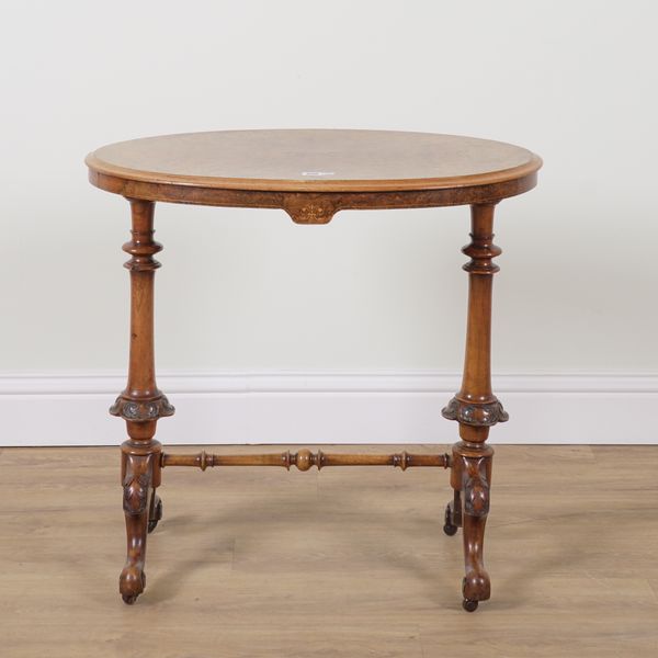 A VICTORIAN MARQUETRY INLAID BURR WALNUT OVAL OCCASIONAL TABLE