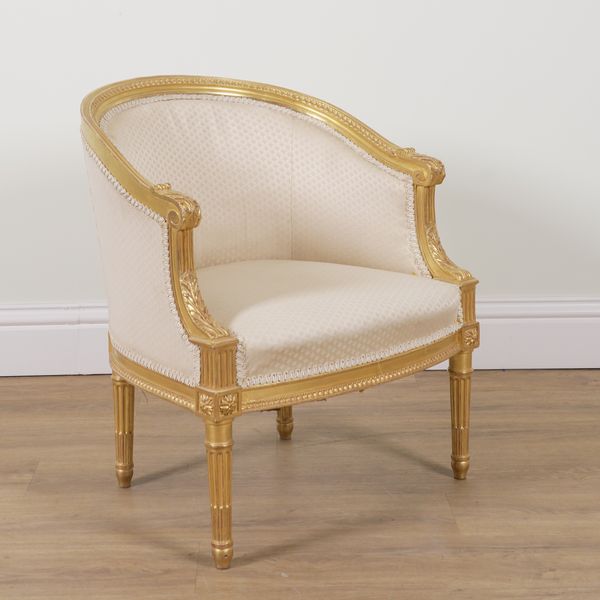 A LOUIS XVI STYLE GILT FRAMED TUB BACK ARMCHAIR