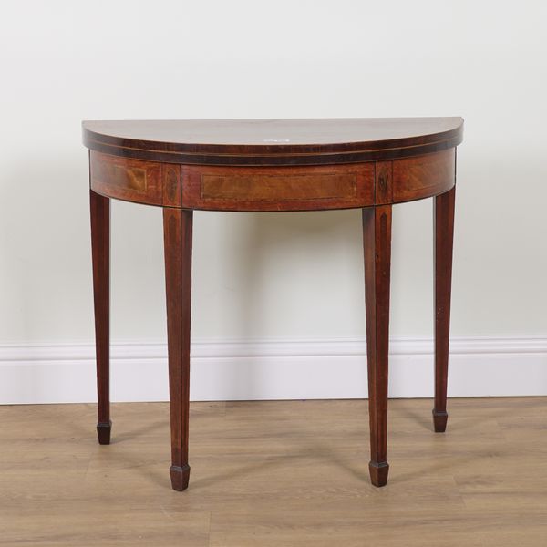 A GEORGE III SATINWOOD BANDED MAHOGANY DEMI-LUNE FOLDOVER CARD TABLE