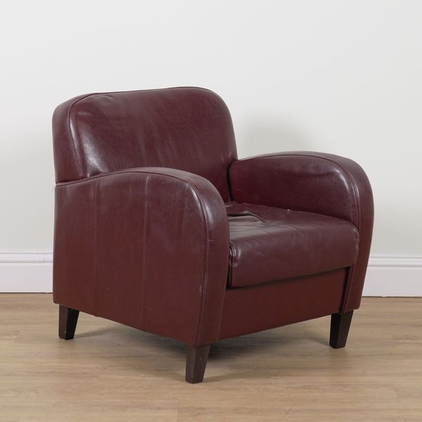 A MODERN OX BLOOD LEATHER UPHOLSTERED EASY ARMCHAIR