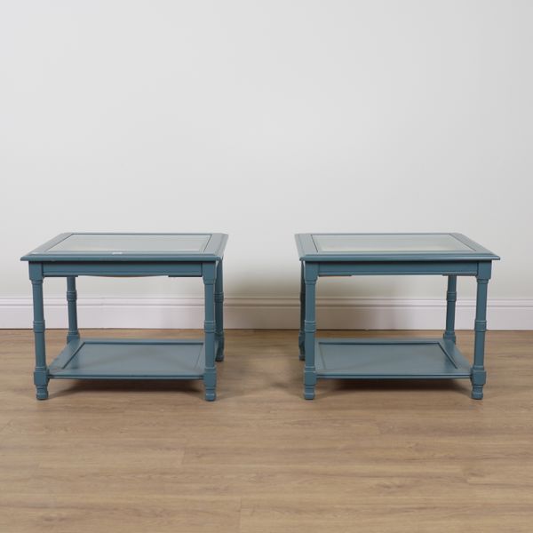 A PAIR OF BLUE PAINTED TWO TIER SIDE TABLES (2)