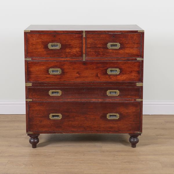 A 19TH CENTURY BRASS BOUND TEAK TWIN SECTION CAMPAIGN CHEST