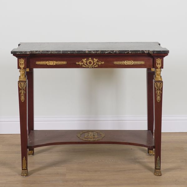 AN EMPIRE REVIVAL MARBLE TOPPED GILT METAL MOUNTED MAHOGANY CONSOLE TABLE