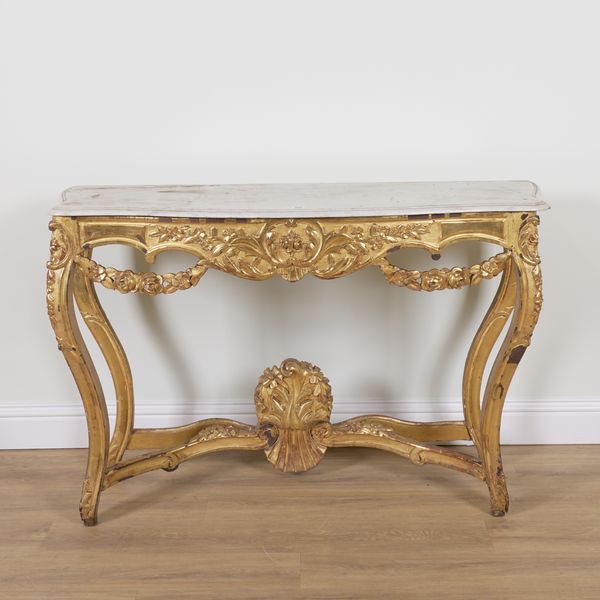 A LATE 19TH CENTURY MARBLE TOP SERPENTINE CONSOLE TABLE