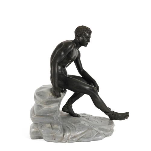 SABATINO DE ANGELIS: AN ITALIAN PATINATED BRONZE OF THE SEATED HERMES / MERCURY AFTER THE ANTIQUE