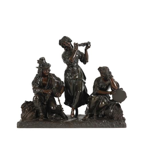 A FRENCH PATINATED BRONZE FIGURE GROUP OF BACCHANALIAN MUSICIANS OR COMEDIA DELL’ARTE FIGURES