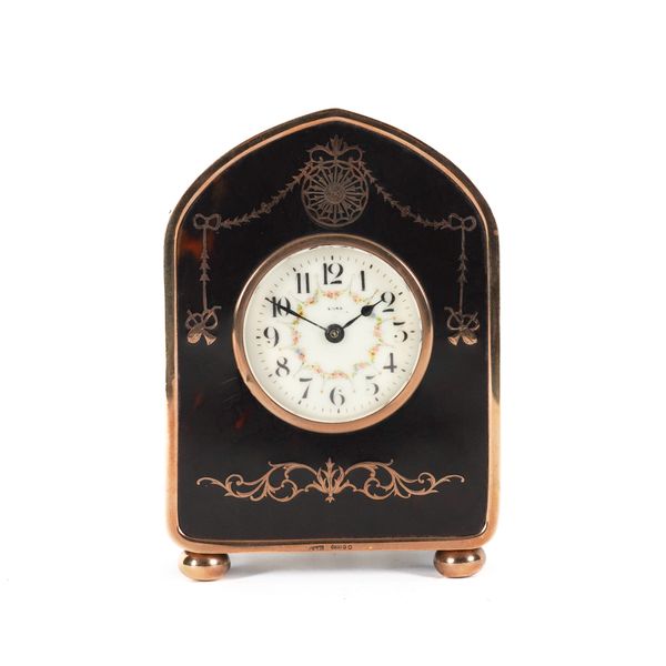 A TORTOISESHELL AND GOLD PIQUÉ MANTEL CLOCK