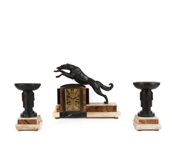 A FRENCH ART DECO BRONZE GREYHOUND MOUNTED THREE-PIECE CLOCK GARNITURE (3)