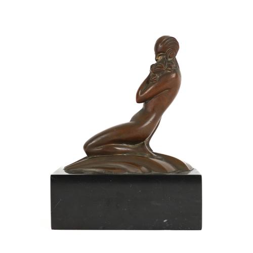 SIBYLLE MAY (BRITISH): A PATINATED BRONZE FIGURE OF A FEMALE BATHER SEATED ON A SEASHELL