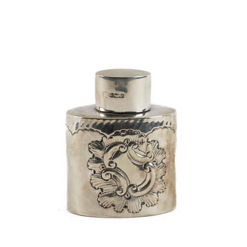 A LATE VICTORIAN SILVER TEA CADDY AND A SET OF SIX PAIRS OF DESSERT KNIVES AND FORKS (2)