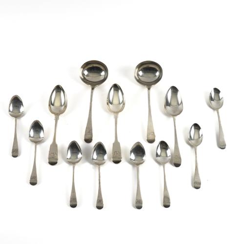 A PAIR OF SILVER OLD ENGLISH PATTERN SAUCE LADLES AND FURTHER TABLE FLATWARE (13)