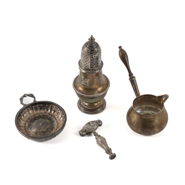 A SILVER BRANDY SAUCEPAN AND THREE FURTHER ITEMS (4)