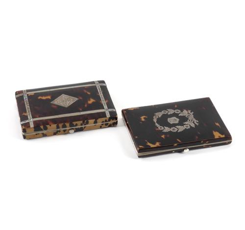 TWO VICTORIAN TORTOISESHELL AND SILVER INLAID VISITING CARD CASES (2)