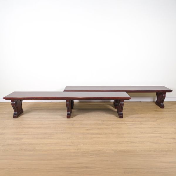 IN THE MANNER OF WILLIAM KENT; A PAIR OF LATE 20TH CENTURY RECTANGULAR MAHOGANY BENCHES | FROM THE NATIONAL GALLERY, LONDON (2)