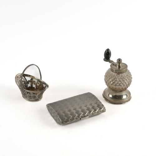 A SILVER CIGARETTE CASE, A SILVER BASKET AND A SILVER MOUNTED GLASS PEPPER MILL (3)