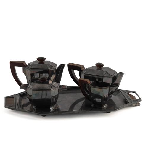 A EUROPEAN FIVE PIECE PLATED ART DECO TEA SET (5)