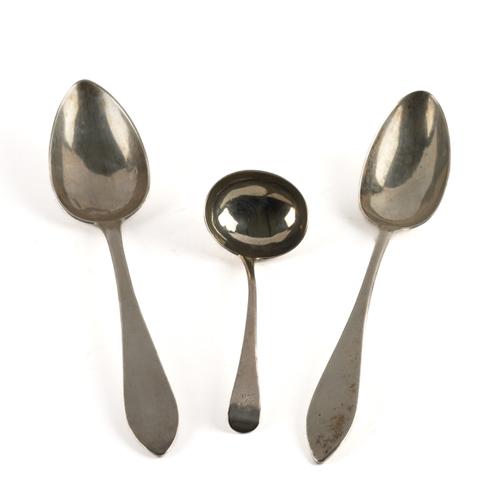 A SILVER OLD ENGLISH PATTERN SAUCE LADLE AND TWO SIMILAR FOREIGN TABLESPOONS (3)