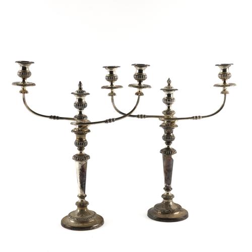 A PAIR OF PLATED THREE LIGHT TABLE CANDELABRA