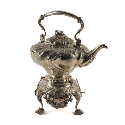 A VICTORIAN SILVER SPIRIT KETTLE, STAND AND BURNER