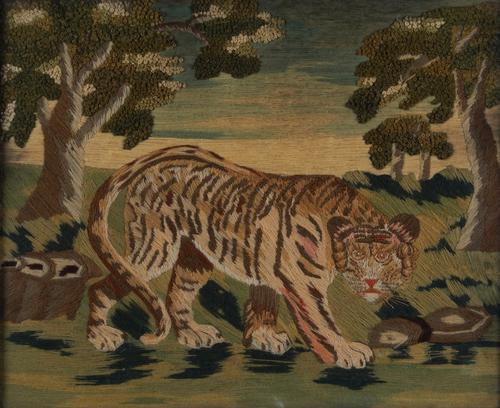 A VICTORIAN NEEDLEWORK OF A STALKING TIGER