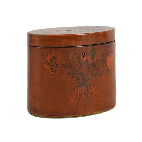 A GEORGE III HAREWOOD AND MARQUETRY OVAL TEA CADDY