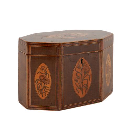 A LATE GEORGE III HAREWOOD FLORAL MARQUETRY TEA CADDY