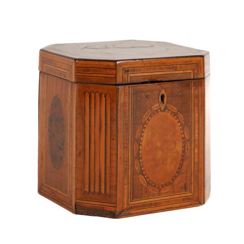 A GEORGE III HAREWOOD, BOXWOOD AND YEW WOOD INLAID TEA CADDY