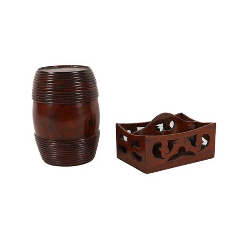 A YEWWOOD TOBACCO BOX AND SMALL FRET MAHOGANY CUTLERY TRAY (2)