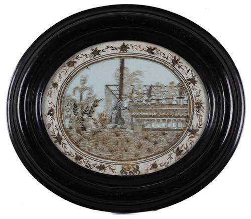 AN UNUSUAL NAPOLEON III HAIR WORK EMBROIDERED PICTURE DEPICTING A GARDENER AT WORK