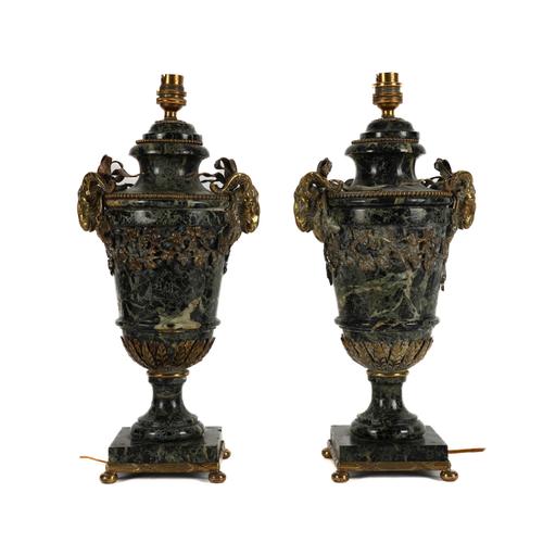 A PAIR LOUIS XVI STYLE GILT-METAL MOUNTED VERDE ANTICO MARBLE URN TABLE LAMPS (2)